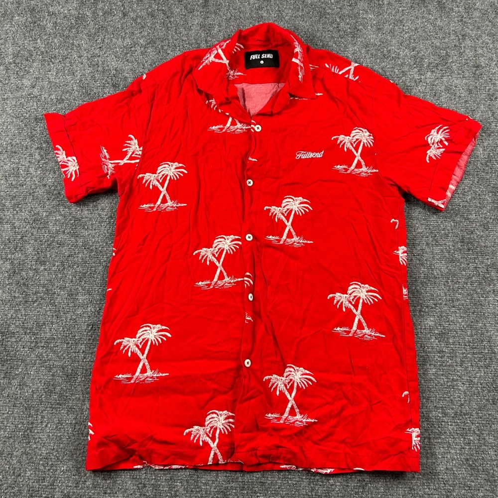 Full Send Button Up Shirt Mens Large Red Palm Tree Print Viscose Short Sleeve